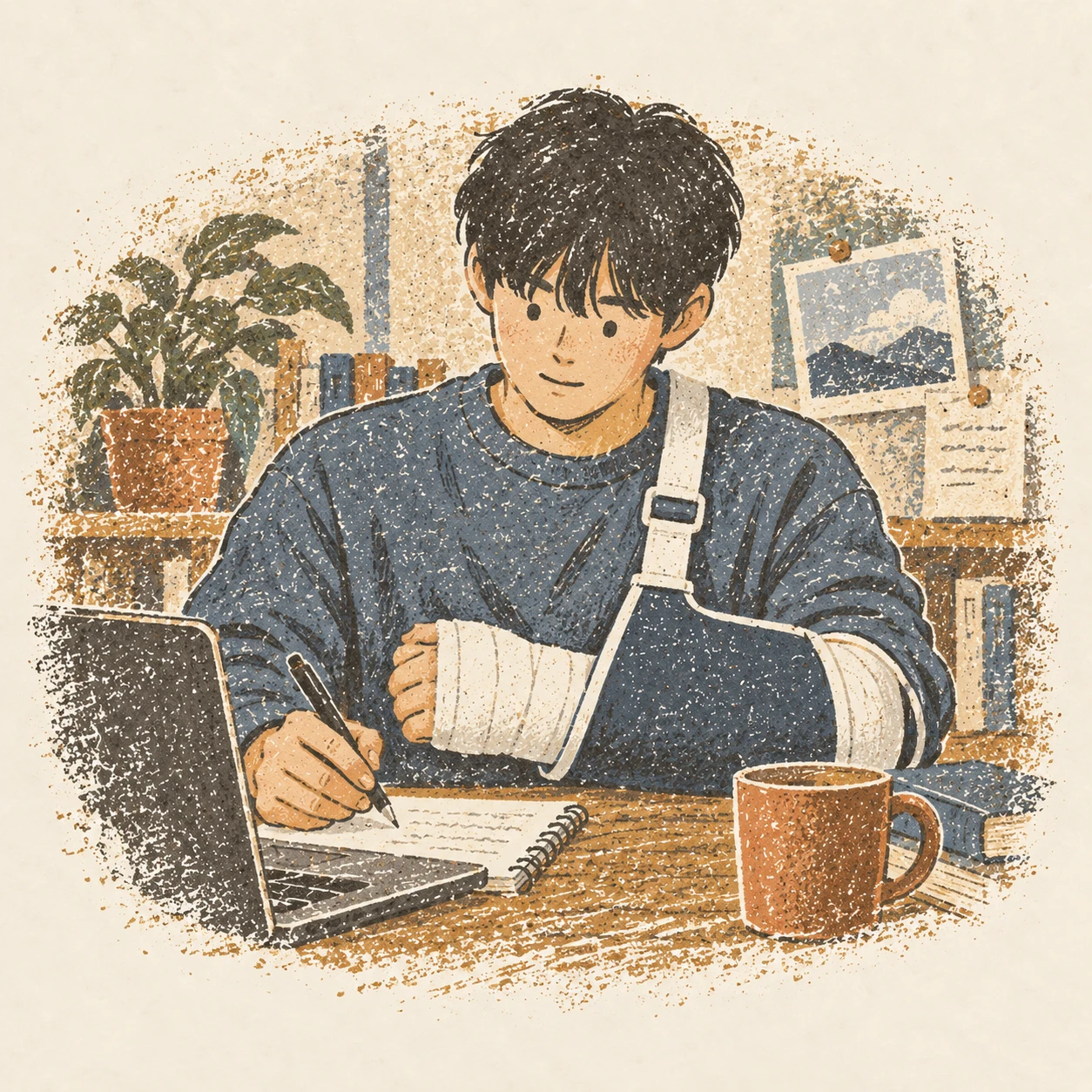 깁스로 팔을 자유롭게 쓰지 못하던 일상. AI-generated illustration.