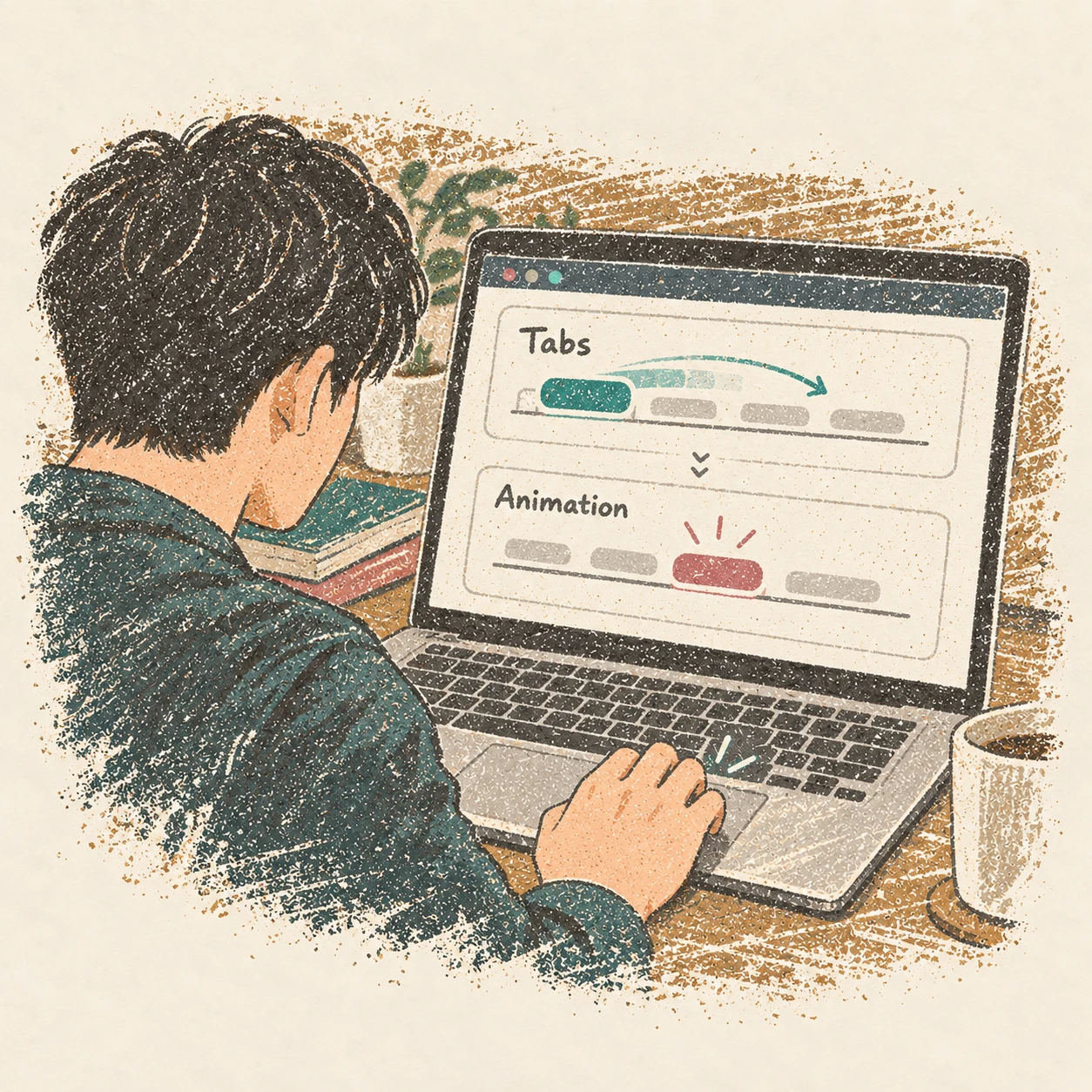 처음 구현한 부드러운 탭 전환 애니메이션. AI-generated illustration.