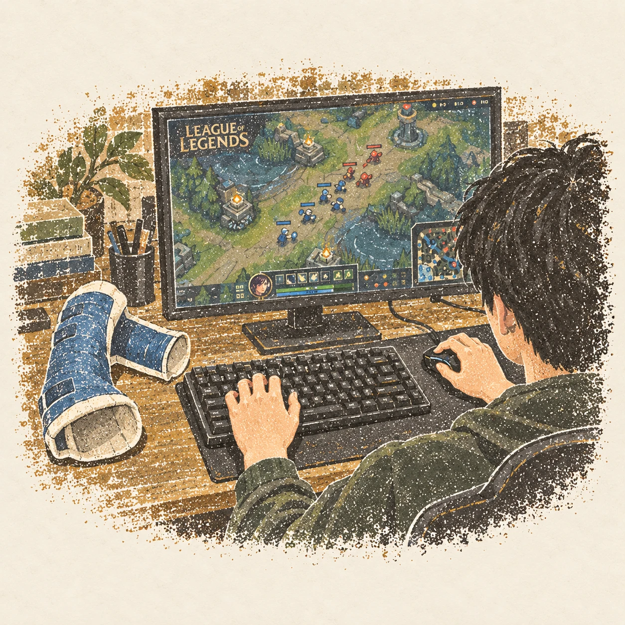 깁스를 풀고 다시 자유롭게 게임을 하던 날. AI-generated illustration.