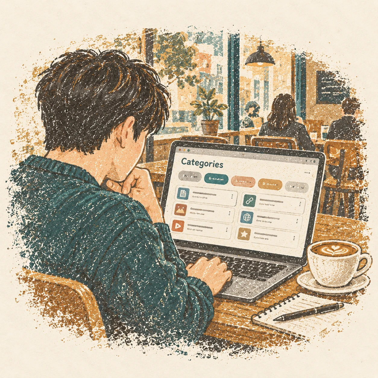 카페에서 북마켓의 카테고리 기능을 완성하던 장면. AI-generated illustration.