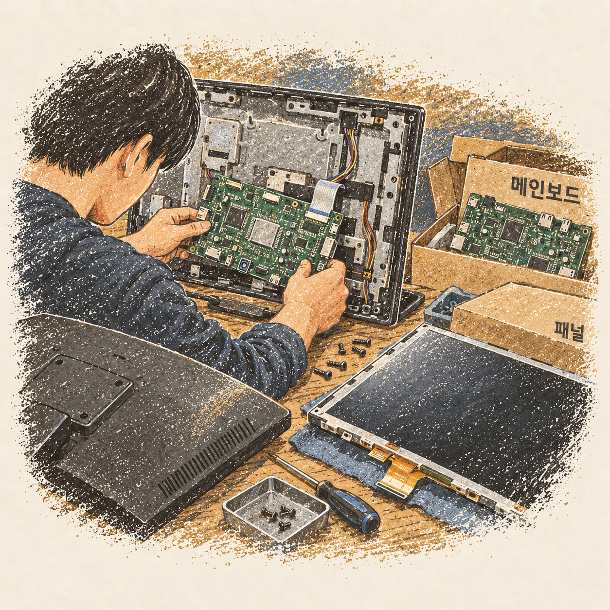 모니터를 뜯어 메인보드와 패널을 교체하던 수리. AI-generated illustration.