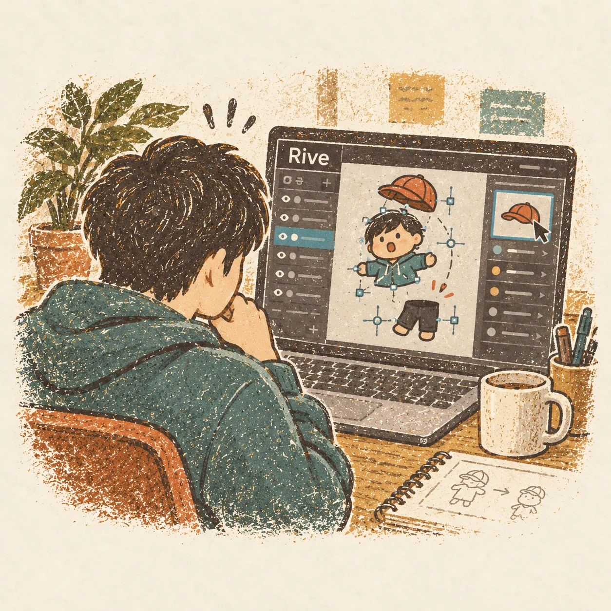 Rive 아이템 변경 때 캐릭터의 일부가 따로 움직이던 버그. AI-generated illustration.