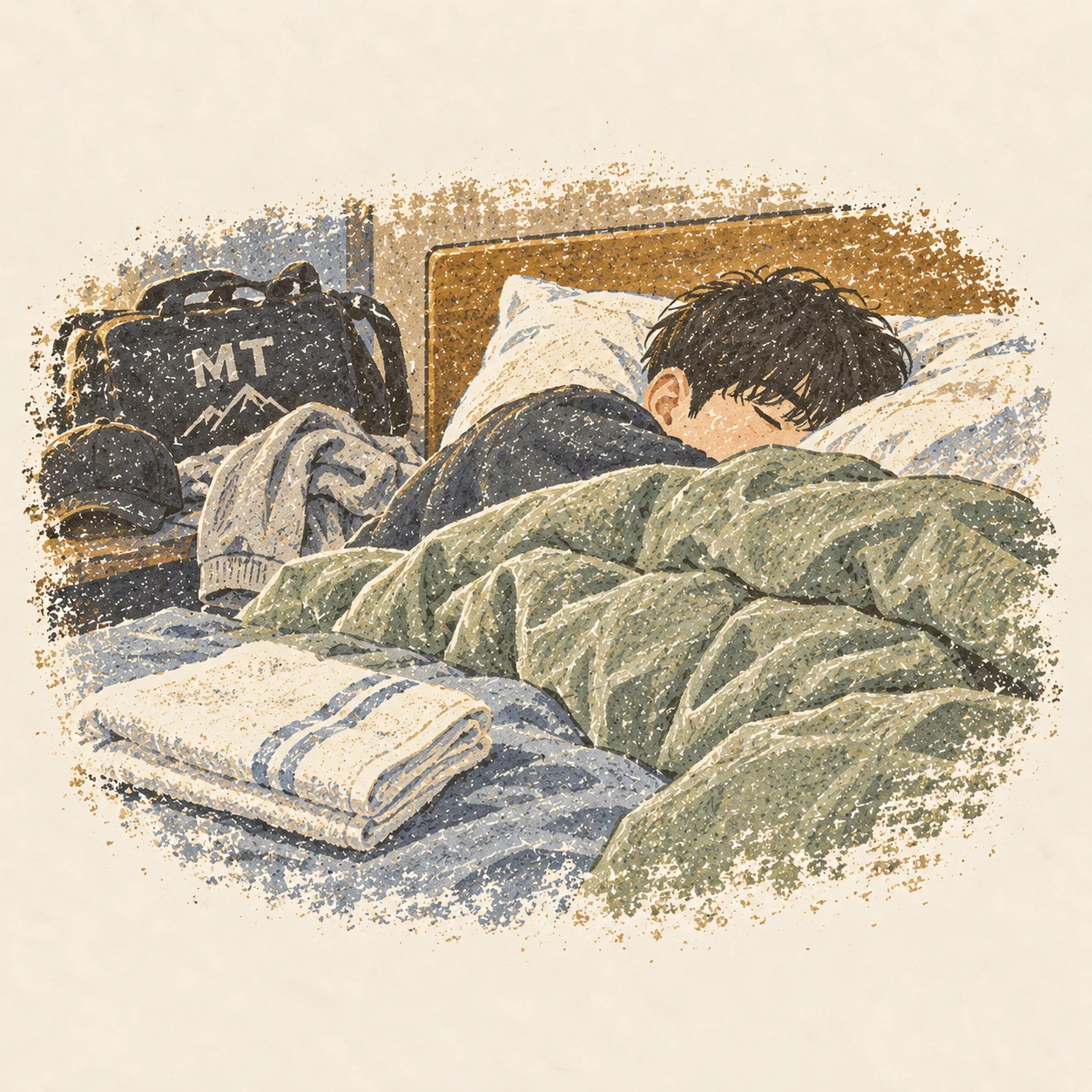 MT 다음 날 집에서 씻고 푹 쉬던 장면. AI-generated illustration.