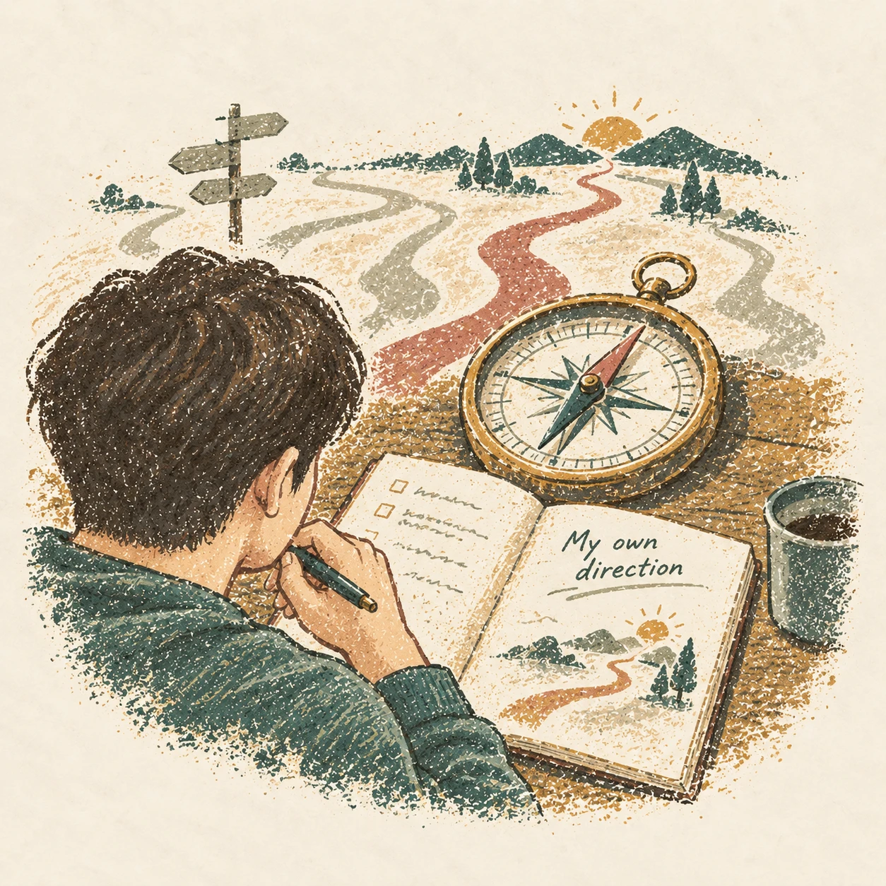 남의 평가보다 내가 원하는 방향을 택하자는 생각. AI-generated illustration.