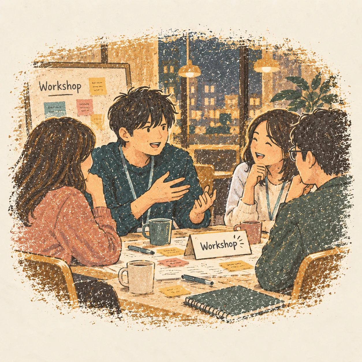 회사 워크숍에서 동료들과 오래 이야기한 밤. AI-generated illustration.