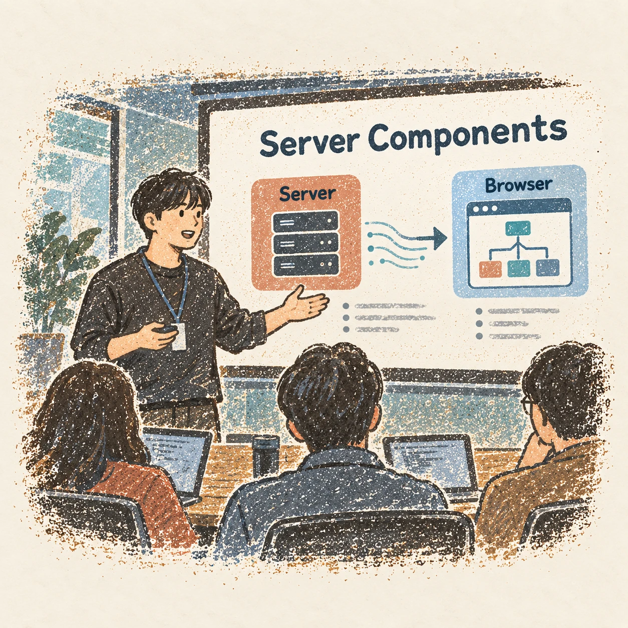 Server Components에 관해 동료들에게 발표하던 장면. AI-generated illustration.