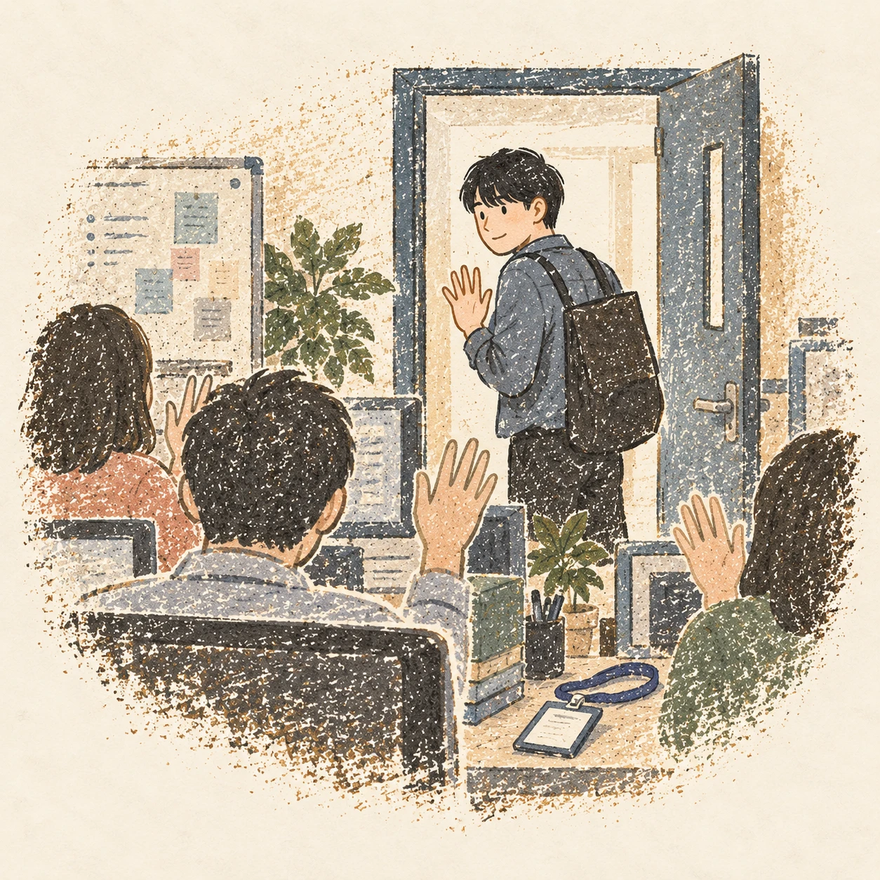 마지막 출근을 마치고 동료들을 뒤로한 장면. AI-generated illustration.