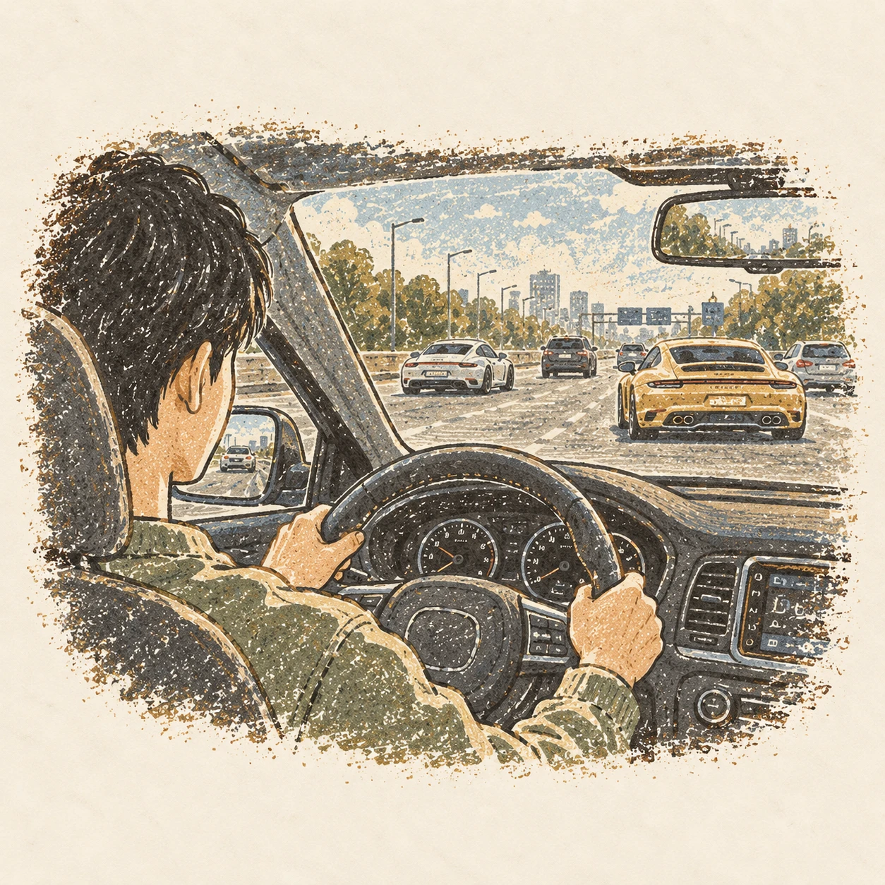 처음 운전 연수를 받으며 길 위의 차들을 새롭게 보던 날. AI-generated illustration.