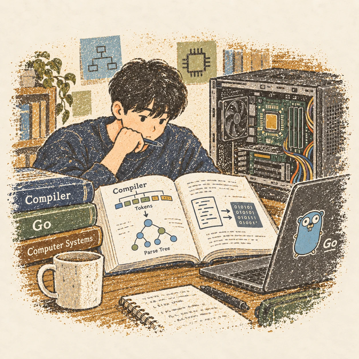 컴파일러와 컴퓨터 내부를 깊게 배우기로 한 학기. AI-generated illustration.