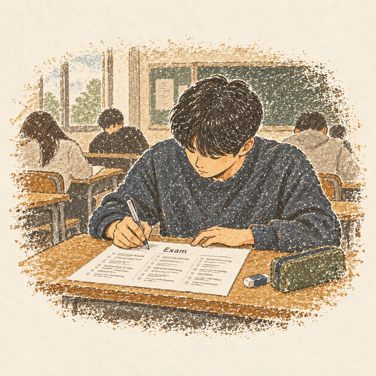 복학 후 오랜만에 학교에서 시험을 보던 장면. AI-generated illustration.