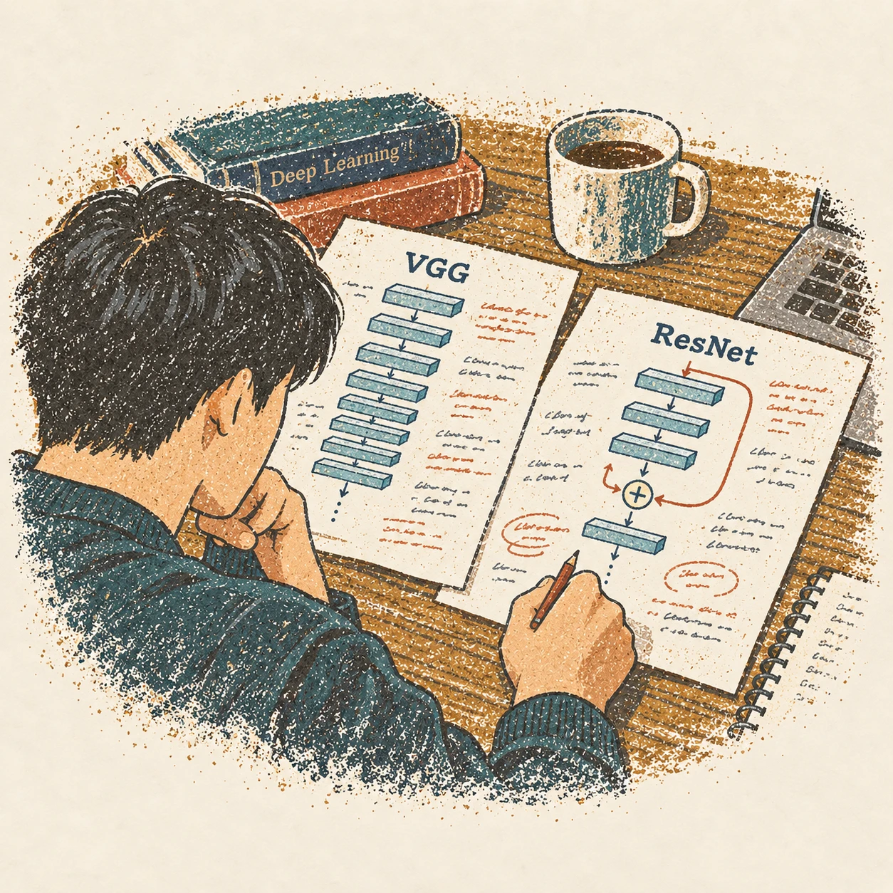 VGG의 깊은 레이어와 ResNet의 skip connection을 읽던 날. AI-generated illustration.