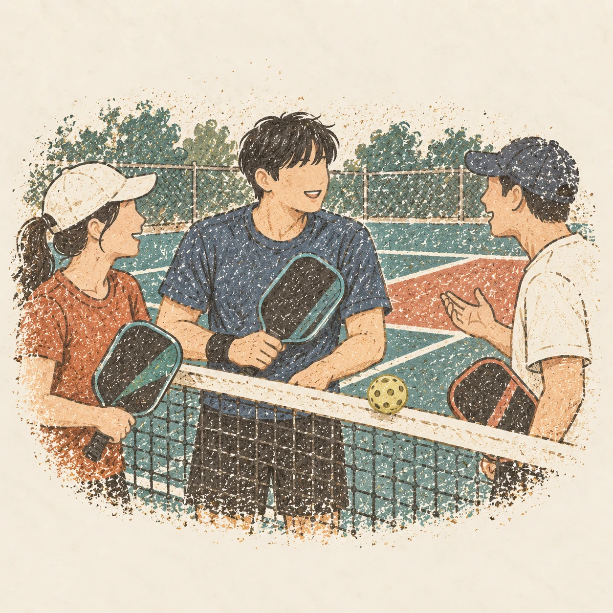 피클볼 수업에서 파트너와 이야기하며 친구가 생긴 날. AI-generated illustration.