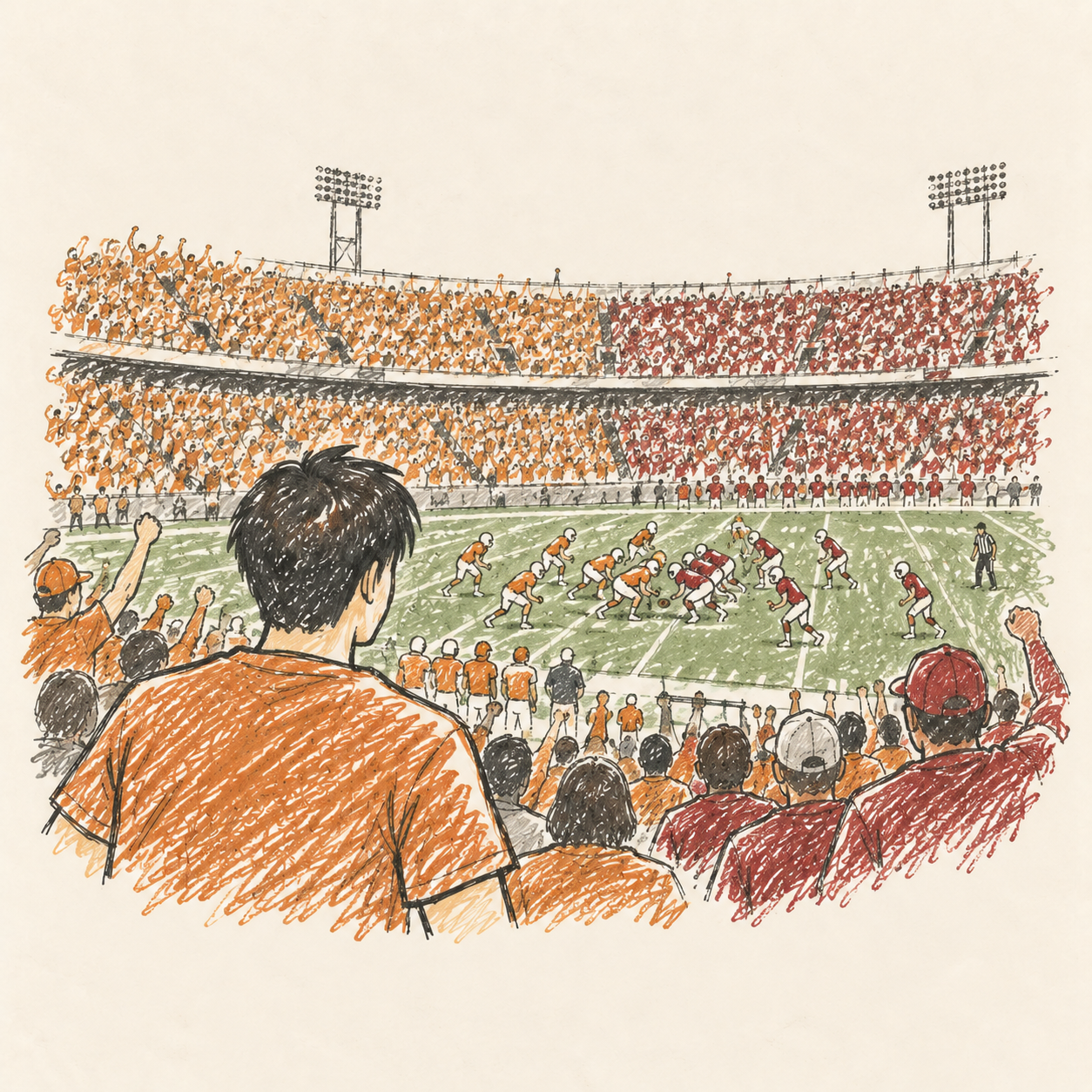 Watching a rivalry American football game. AI-generated illustration.