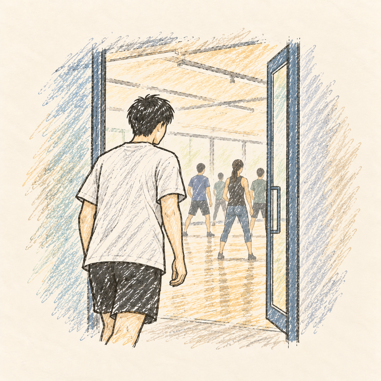 아침 운동 수업에 가는 장면. AI-generated illustration.