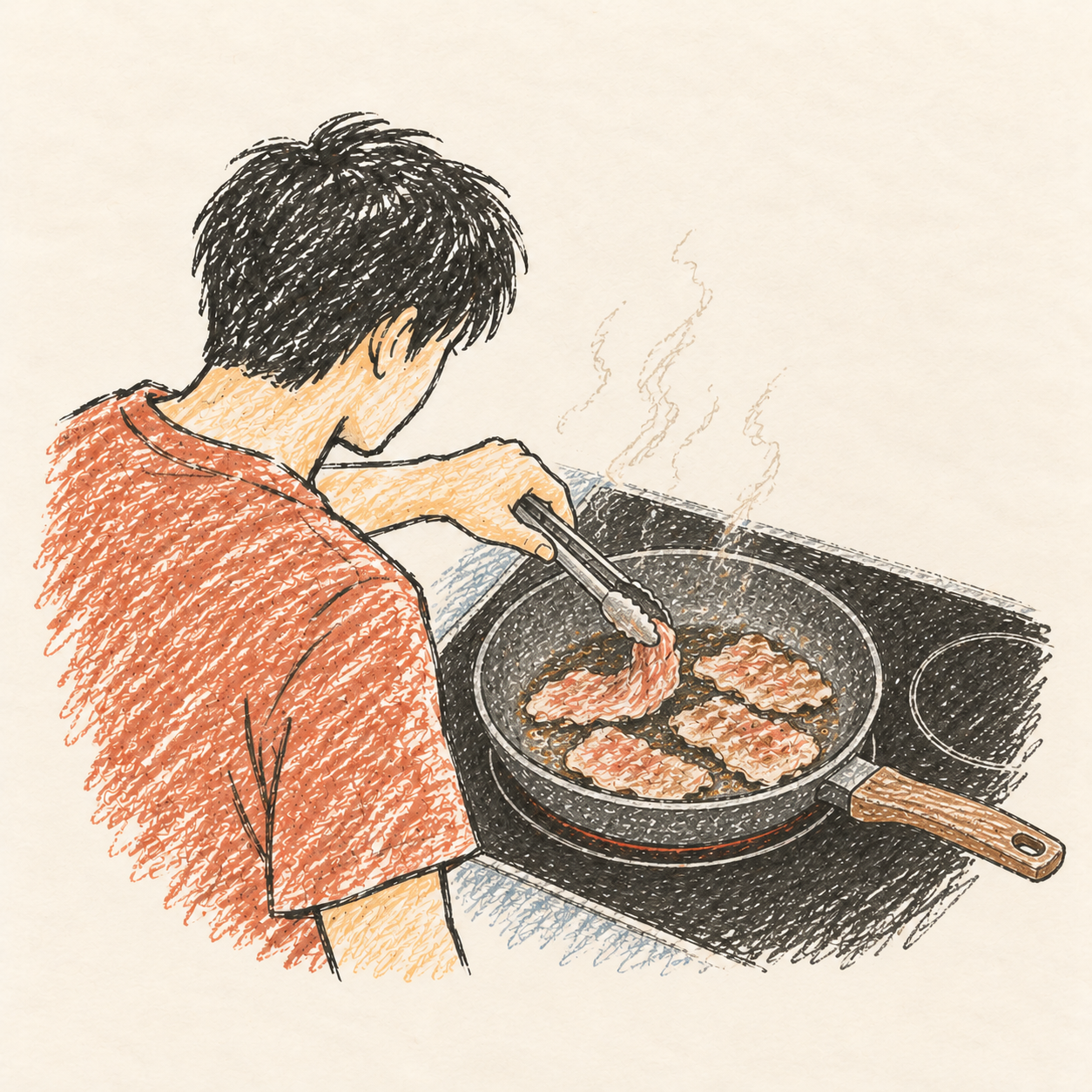 Using my frying pan for the first time to cook sliced meat. AI-generated illustration.