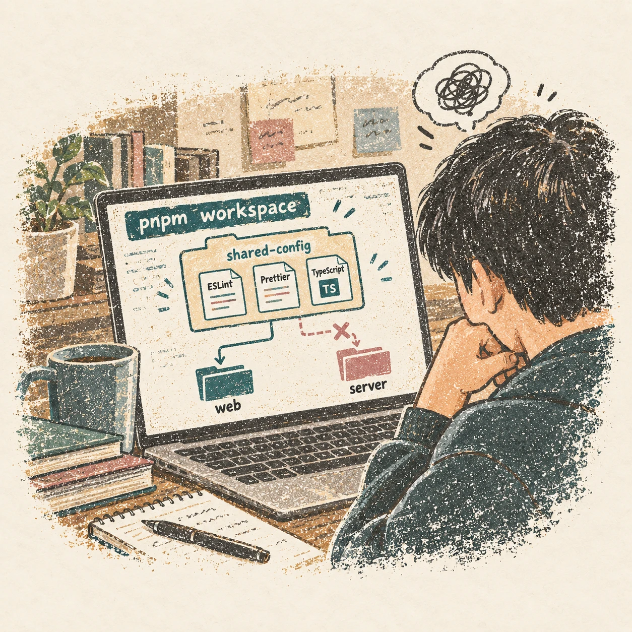 ESLint·Prettier·TypeScript 설정을 공유하다 만난 pnpm workspace 문제. AI-generated illustration.
