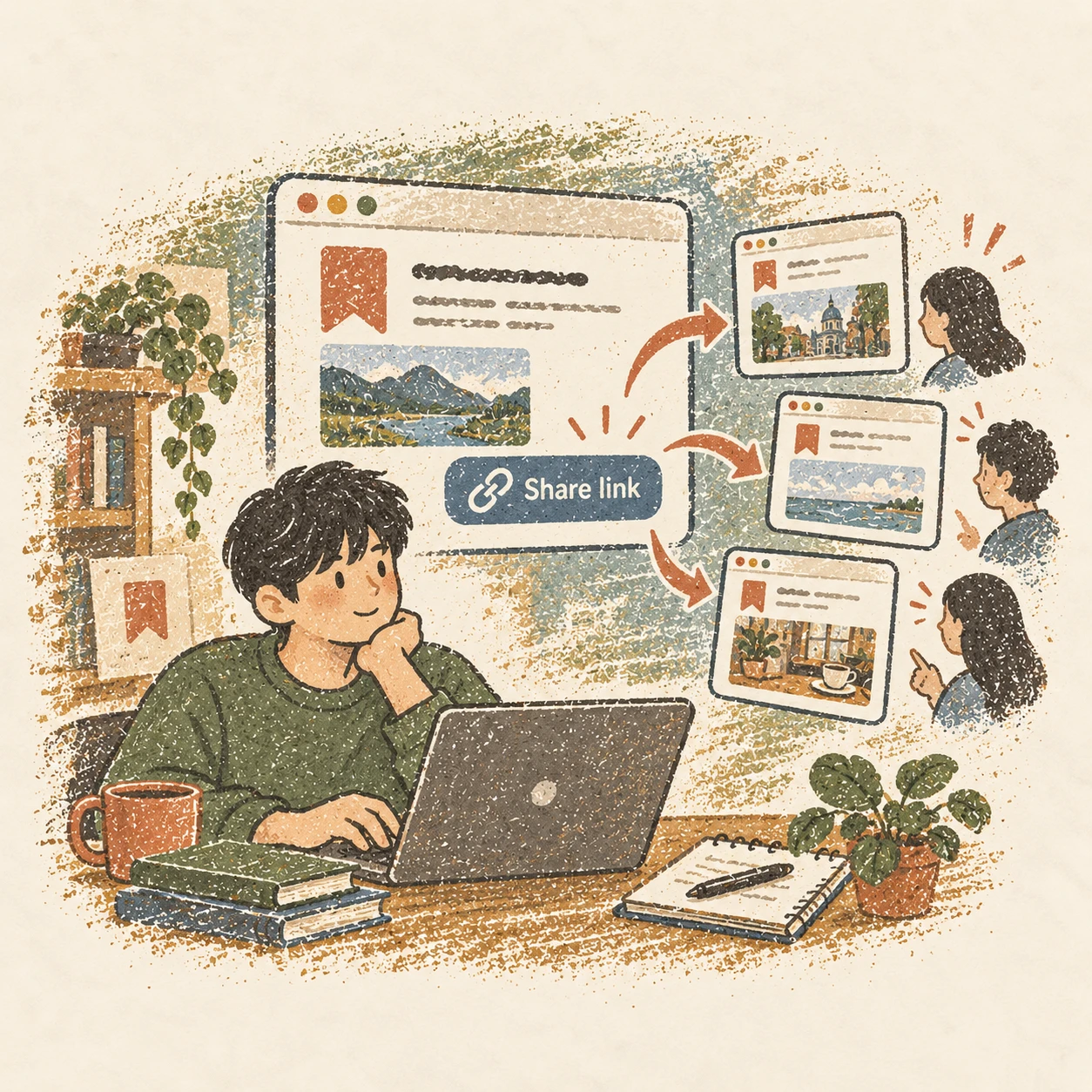 북마켓 예시 링크를 공유하며 알릴 방법을 구상한 날. AI-generated illustration.