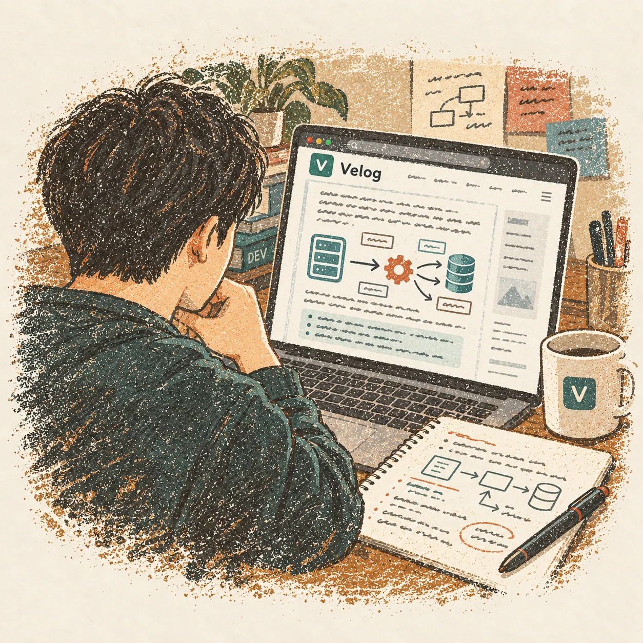 시각적인 설명을 곁들인 개발 글을 생각하고 다듬는 모습. AI-generated illustration.