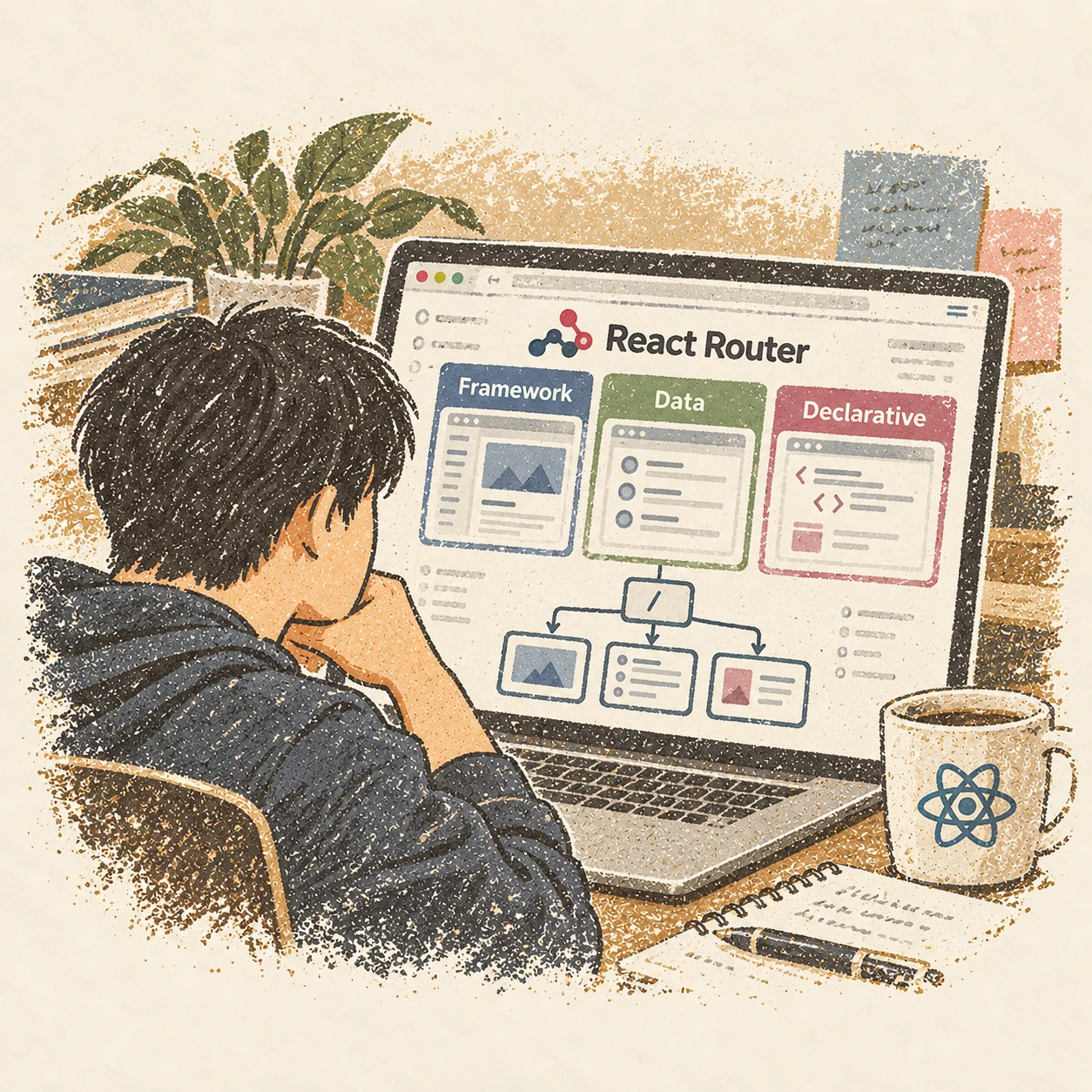 React Router의 Framework·Data·Declarative 모드를 살펴본 날. AI-generated illustration.