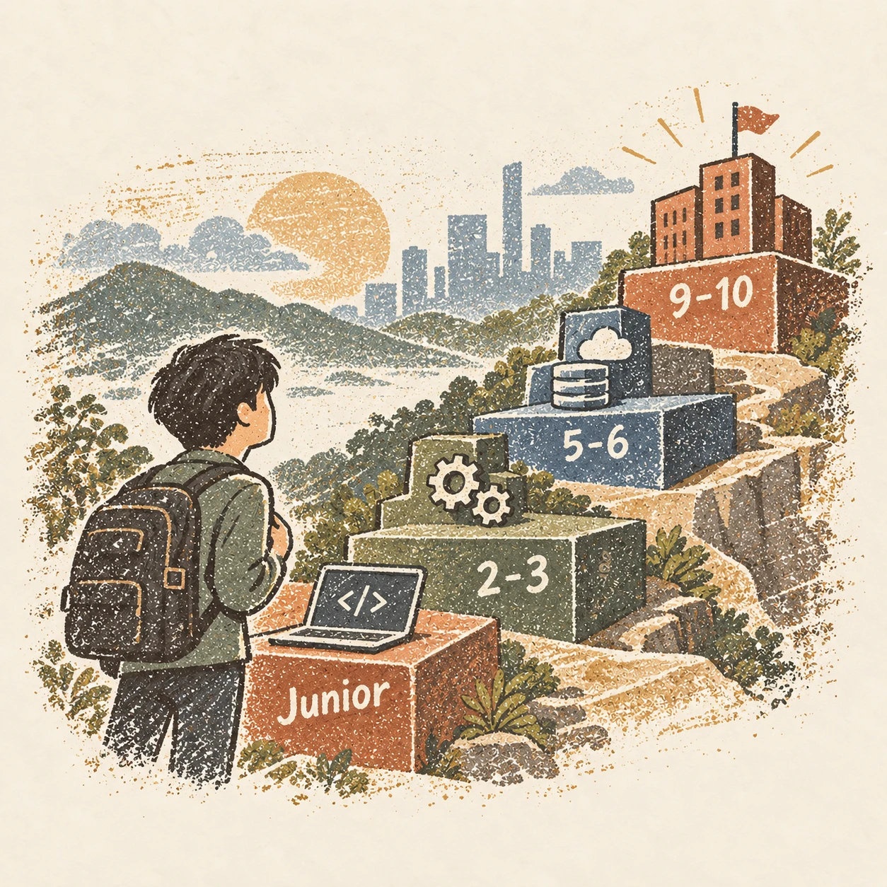 연차별로 성장 방식이 달라져야 한다는 커리어 회고. AI-generated illustration.