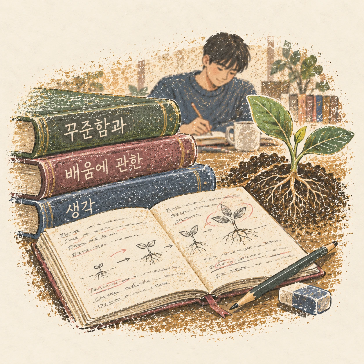 꾸준히 배우고 재미를 느끼며 성장하자는 생각. AI-generated illustration.