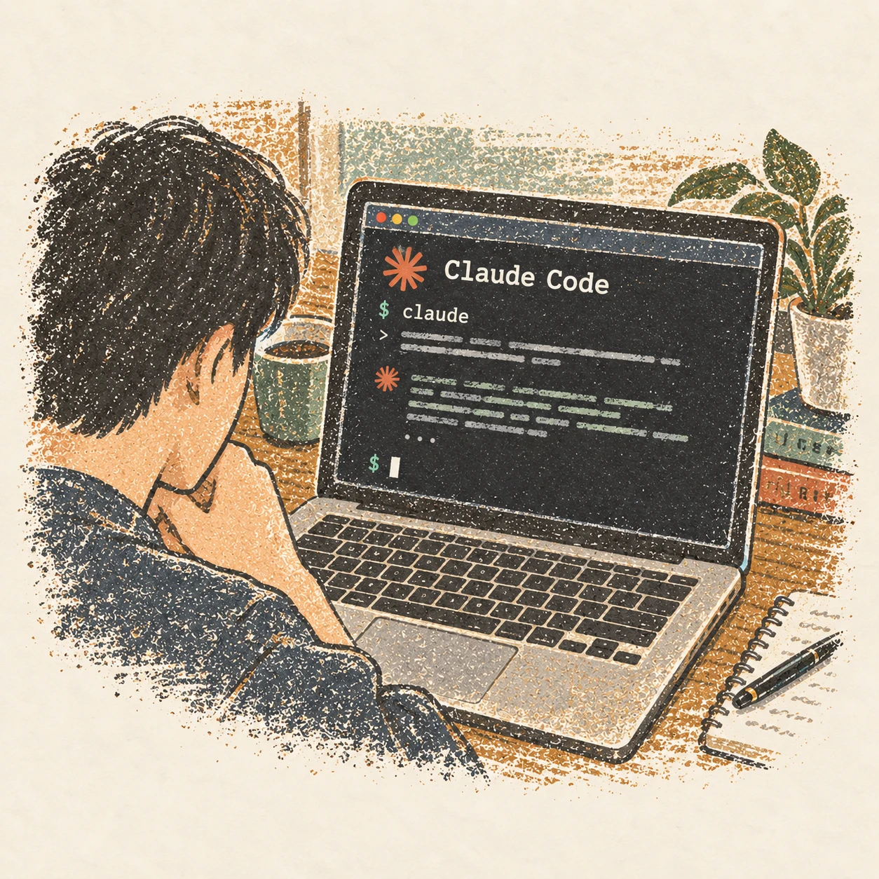 Claude Code를 처음 켜서 프롬프트를 주고 기다려 본 날. AI-generated illustration.