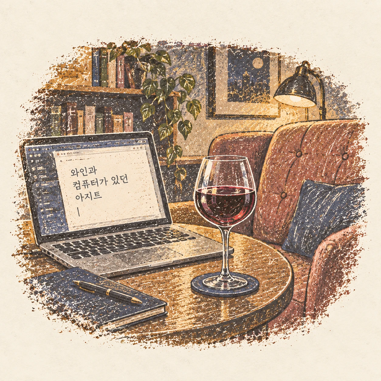 조용한 아지트에서 컴퓨터와 와인을 곁에 둔 시간. AI-generated illustration.