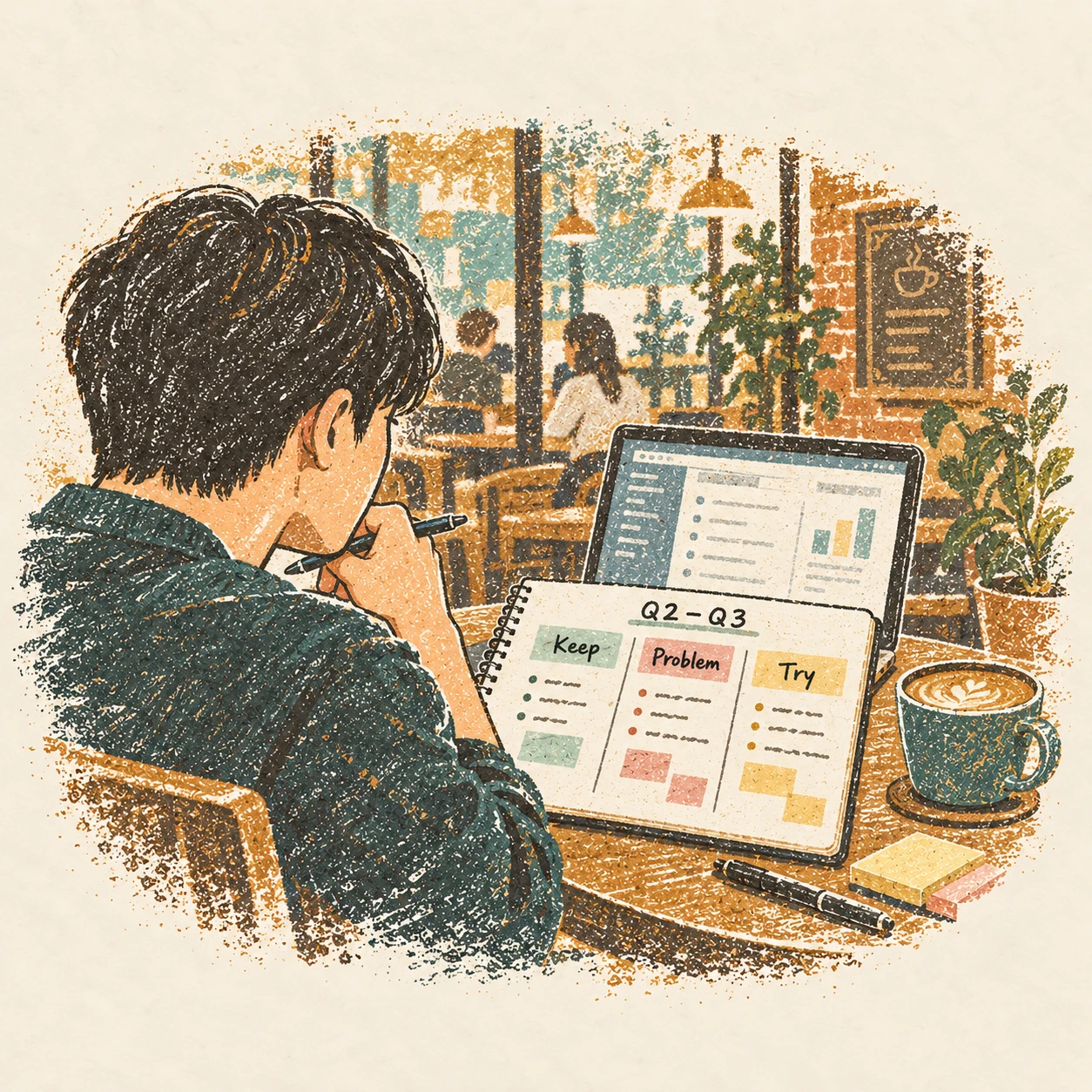 카페에서 Keep·Problem·Try로 2-3분기를 돌아본 날. AI-generated illustration.