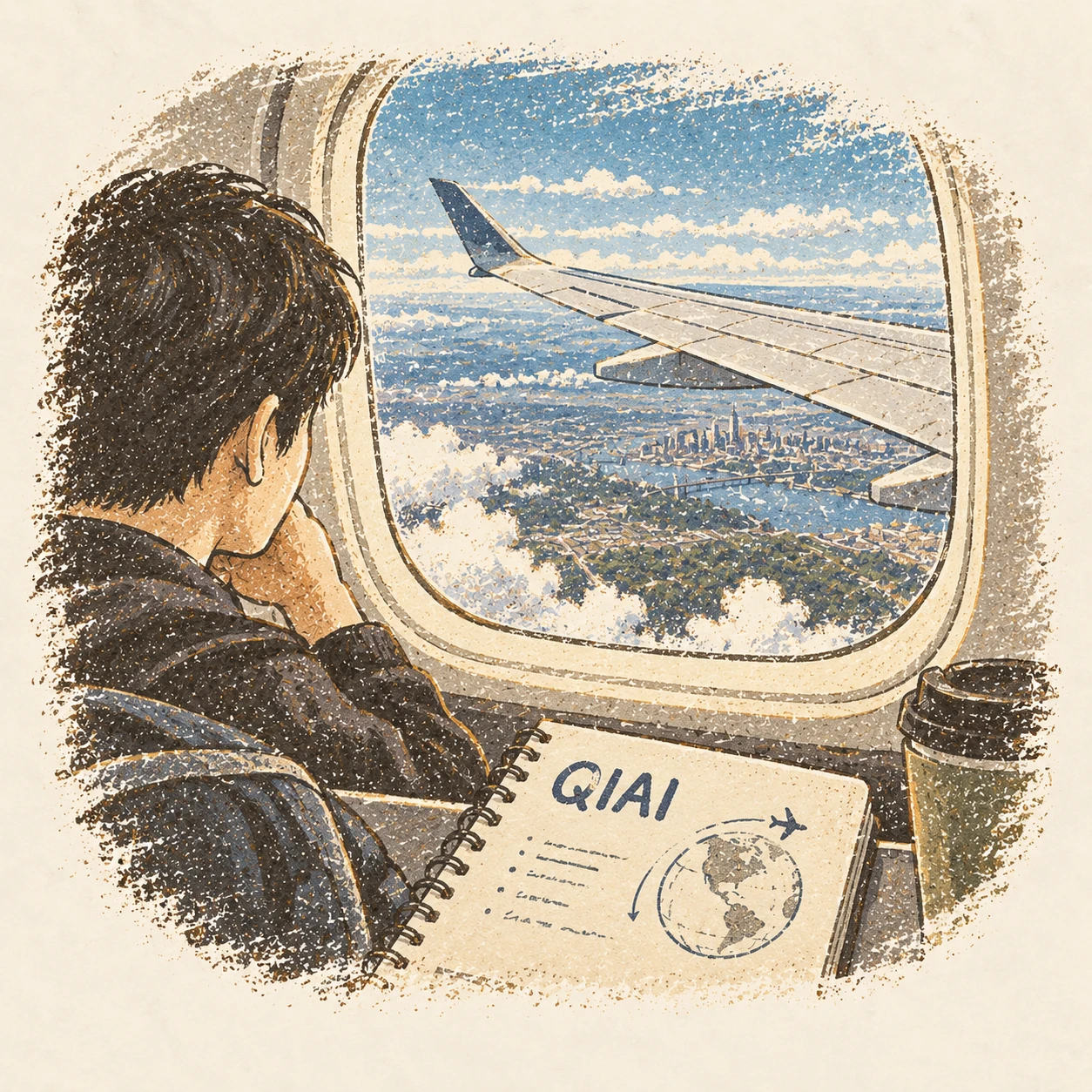 QIAI 프로그램을 향한 미국행 비행기의 창밖 풍경. AI-generated illustration.