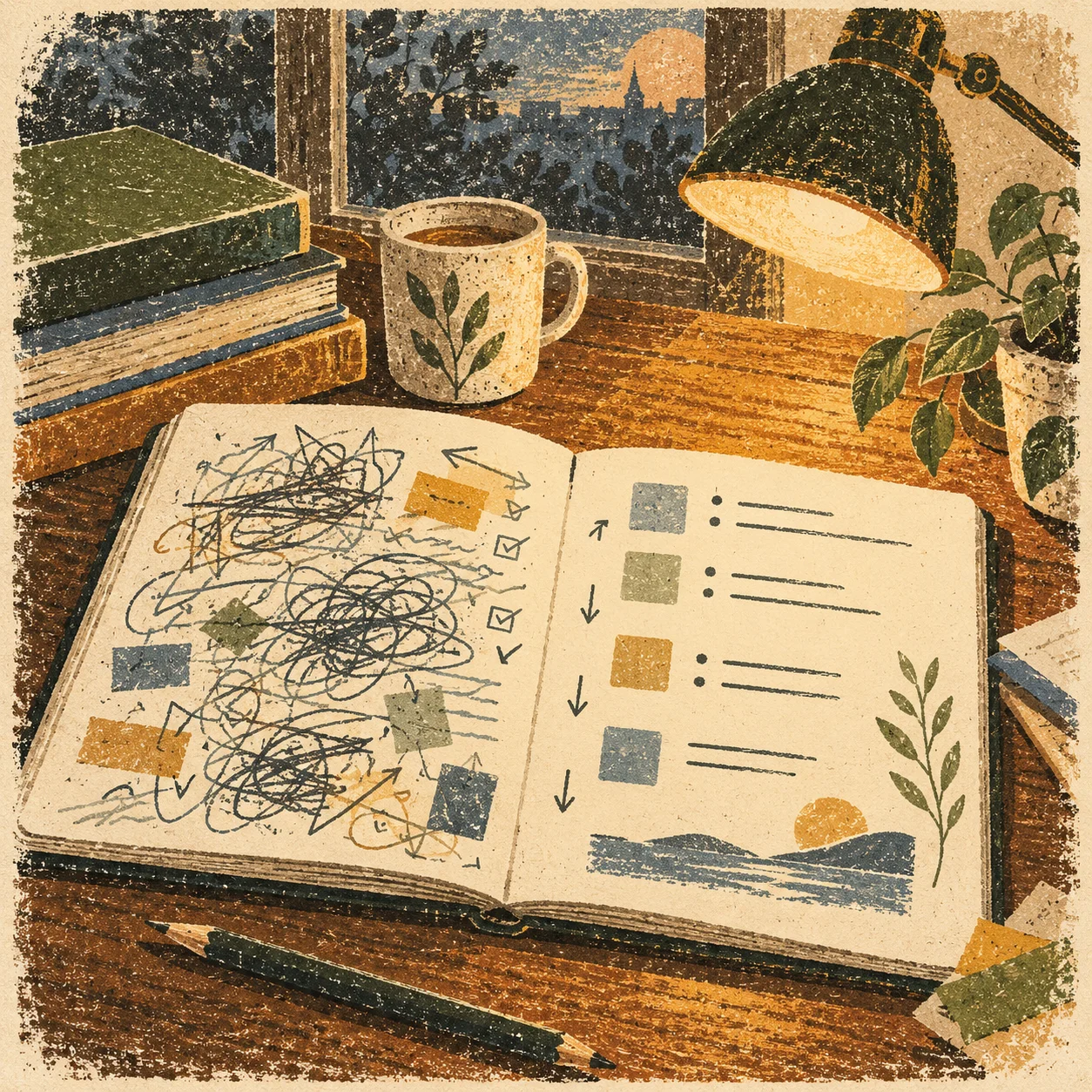 A study notebook, books, and a desk lamp. AI-generated illustration.
