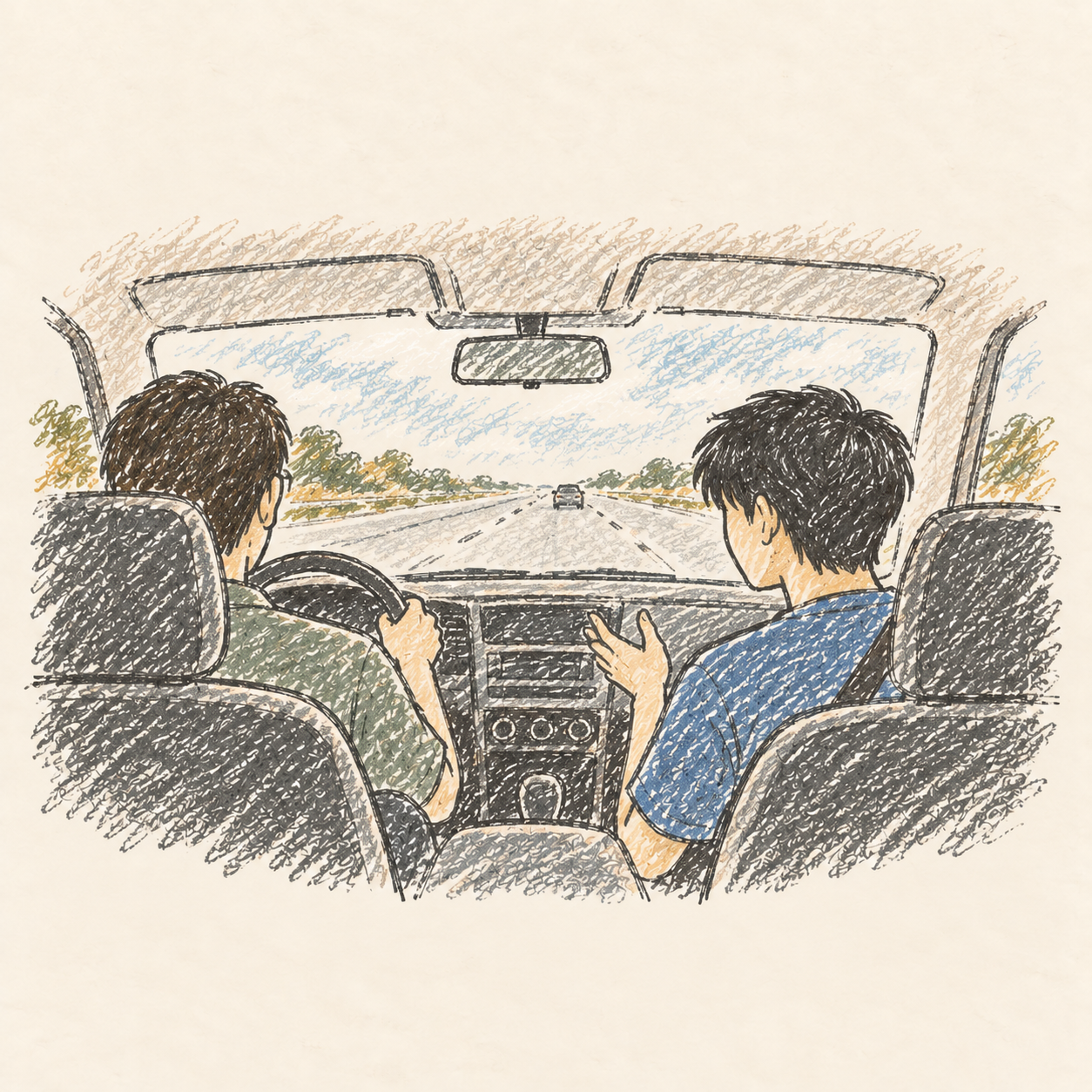 Conversation from the front passenger seat on the ride home. AI-generated illustration.